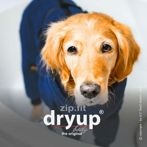 DRYUP BODY® Blau – Hundebademantel mit Beinen aus Baumwoll-Frottee, ideal für nasse Tage