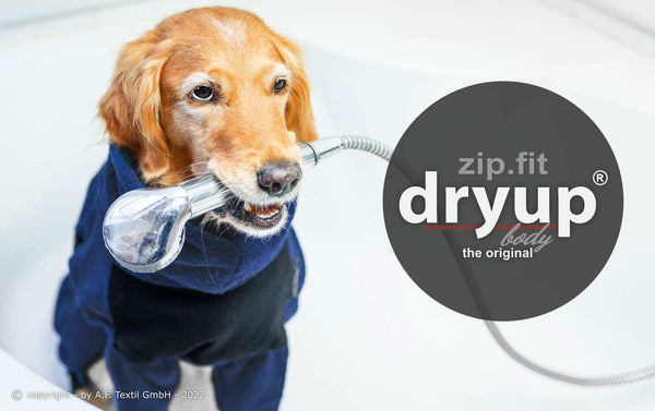 DRYUP BODY® Blau Hundebademantel mit Rollkragen – trocknet Ohren & Hals deines Hundes für extra Schutz