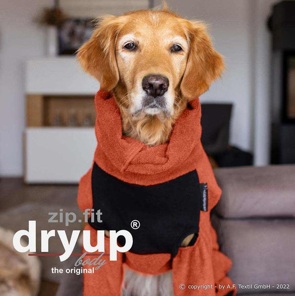 DRYUP BODY® Rost-Rot – Hundebademantel mit Beinen aus Baumwoll-Frottee, ideal für nasse Tage