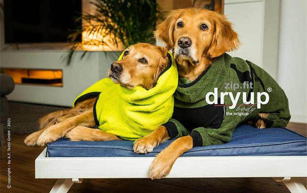 Hundebademantel DRYUP BODY® Grün – mit Rückenreißverschluss mit Stoff-Falte, verhindert Haarverhaken