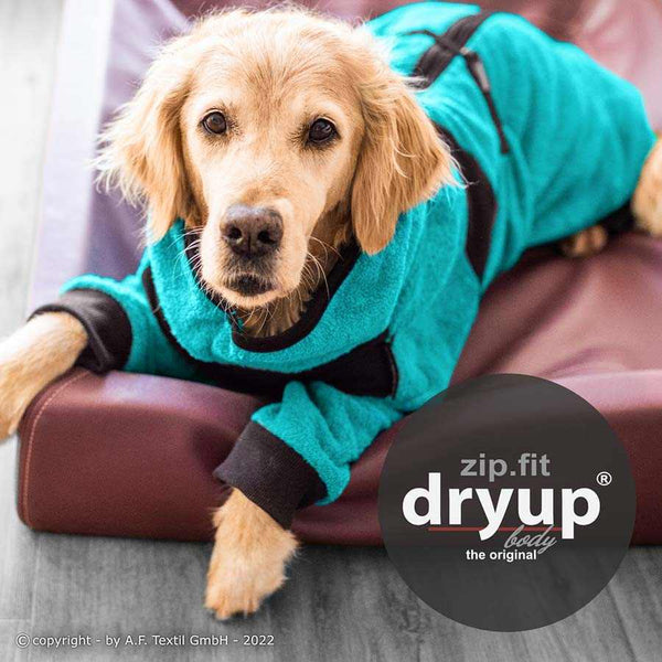 DRYUP BODY® Petrol – Hundebademantel mit Beinen aus Baumwoll-Frottee, ideal für nasse Tage