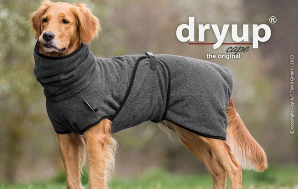 Grauer DRYUP Cape Bademantel für Hunde aus 100% Baumwoll-Frottee – ideal nach Regen, Schwimmen und Matsch