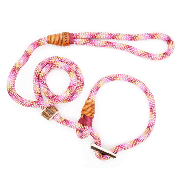 #T-RLE-10-ROS, Stufenlos verstellbare Premium Retrieverleine 10 mm Rosea Dream mit Takling, mit edlem Hirschhorn-Stopper für Stil + Funktion