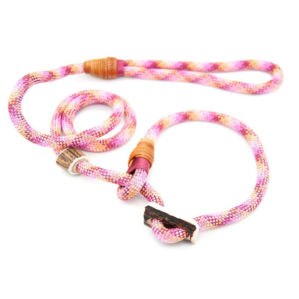 #T-RLE-10-ROS, Premium Moxon 10 mm Rosea Dream mit Takling und Hirschhorn-Stopper, handgefertigte Retrieverleine für Hunde