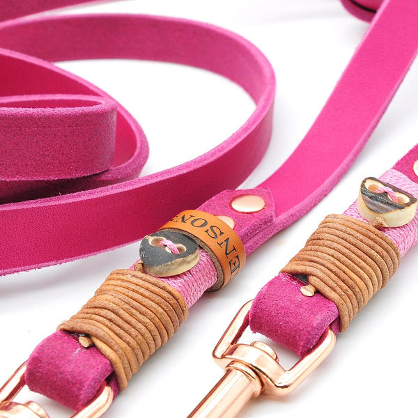 Hundeleine Leder | 16mm oder 20mm | 3fach verstellbar | Wunschlänge | Pink - KENSONS for dogs